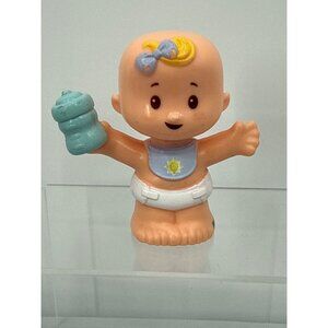 Fisher Price Little People Baby Girl Blonde Hair Purple Bow Blue Bib Bottle